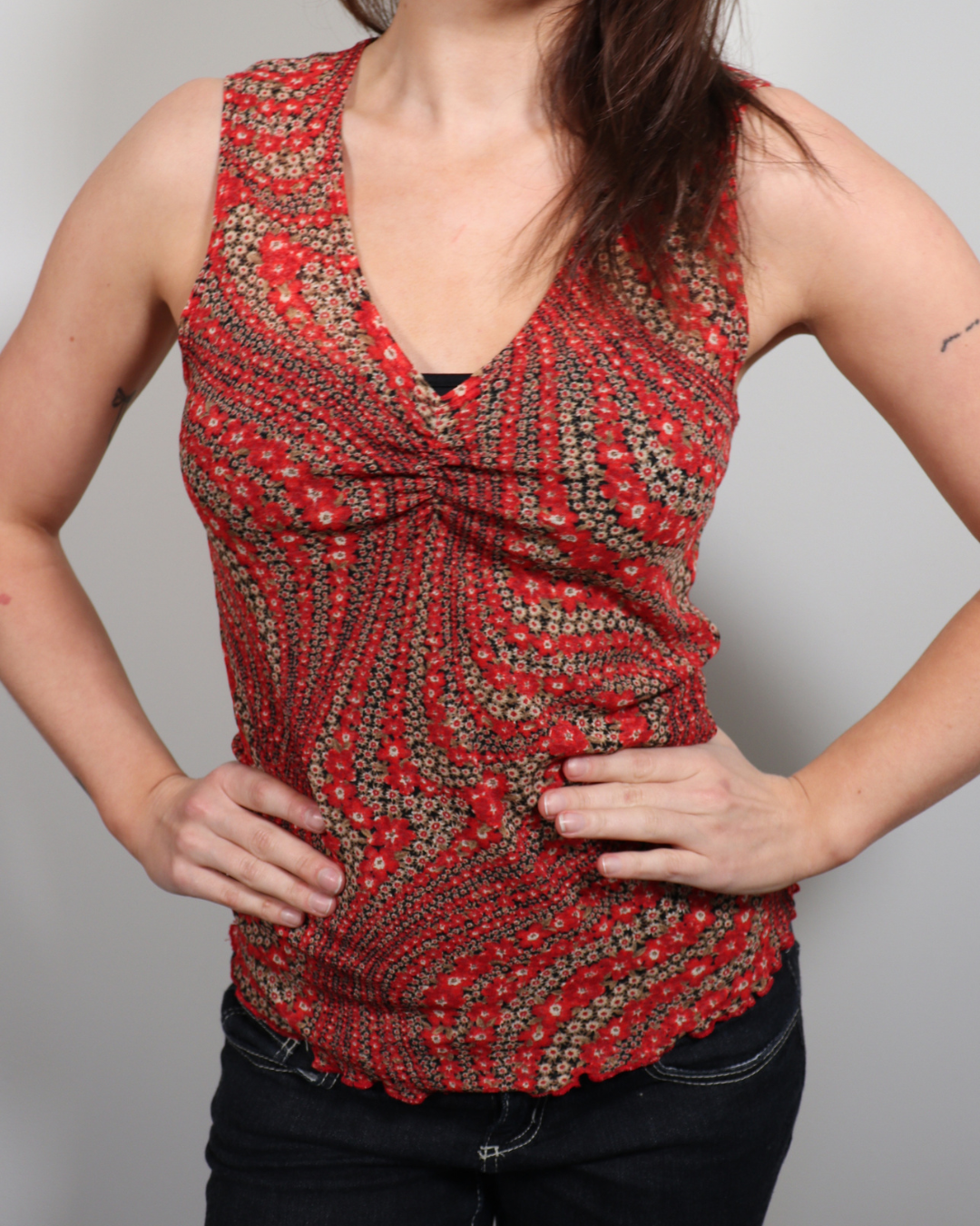 Rauður boho munstur mesh bolur