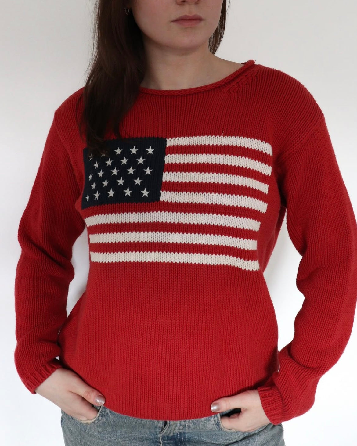 American flag rauð prjónapeysa
