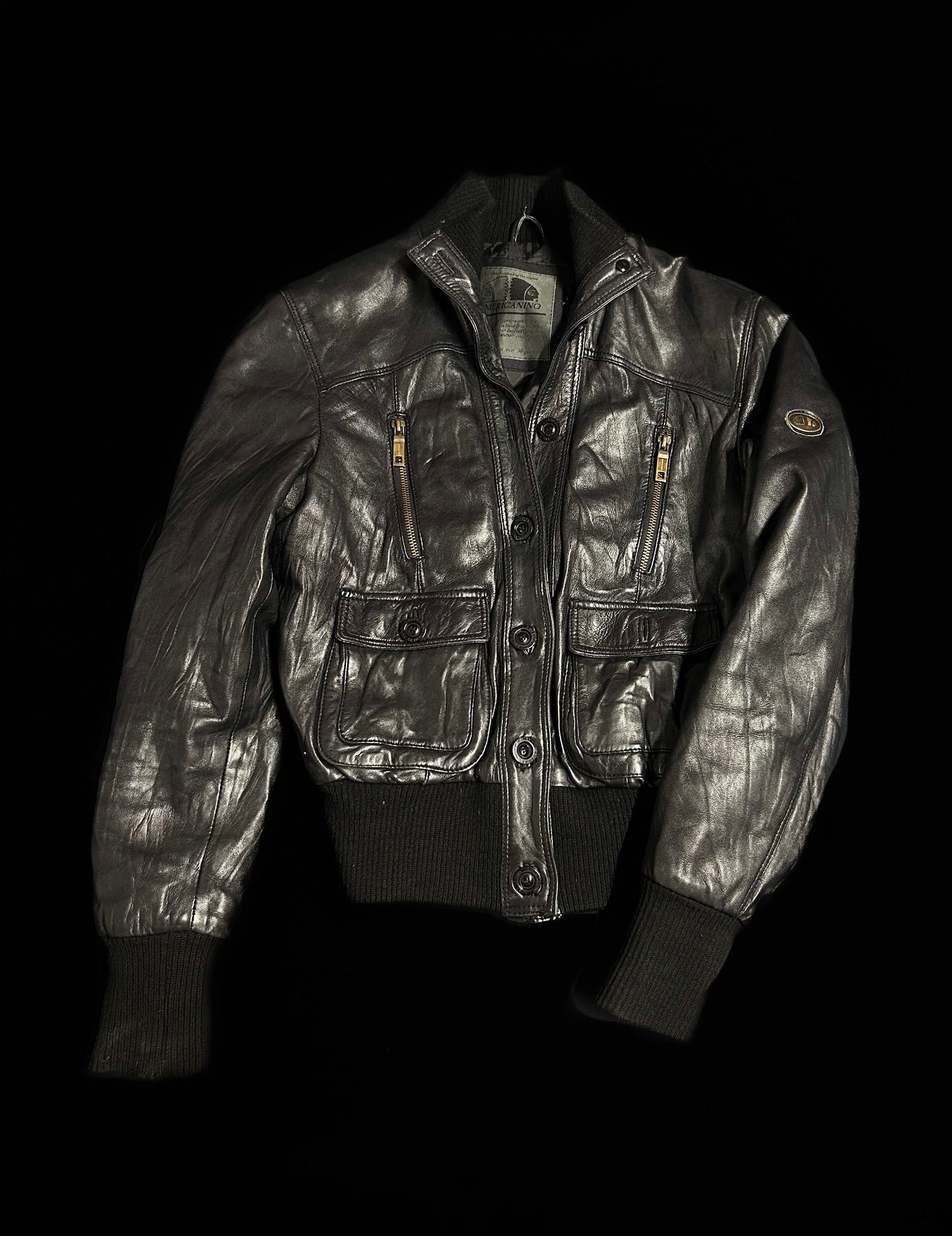 Svartur leður bomber jakki